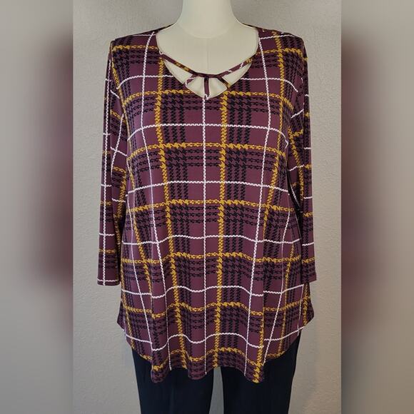 CATO Burgundy Windowpane Plaid Lattice Front Top - Plus Size 18/20W - Picture 1 of 10